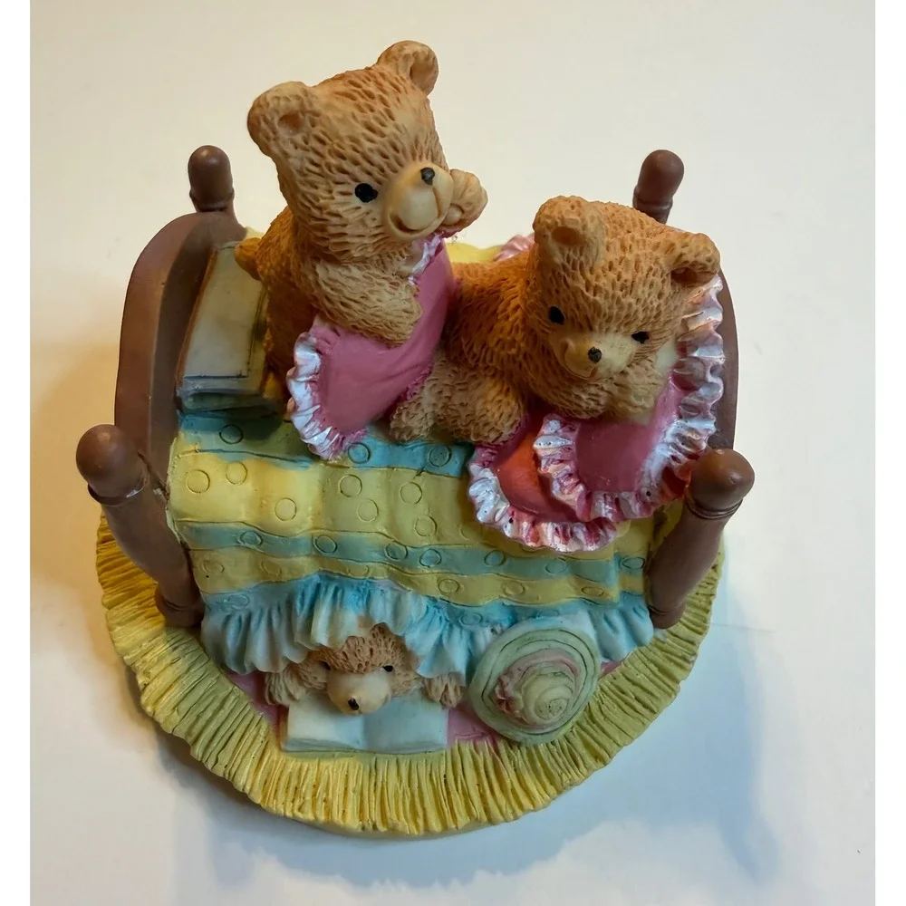 Adorable Teddy‎ Bears in Bed Figurine Sweet Nursery Decor Collectible